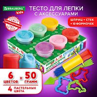 Пластилин-тесто для лепки BRAUBERG KIDS, 6 цветов, 300 г, 10 формочек, шприц, стек, крышки-штампики, 106719